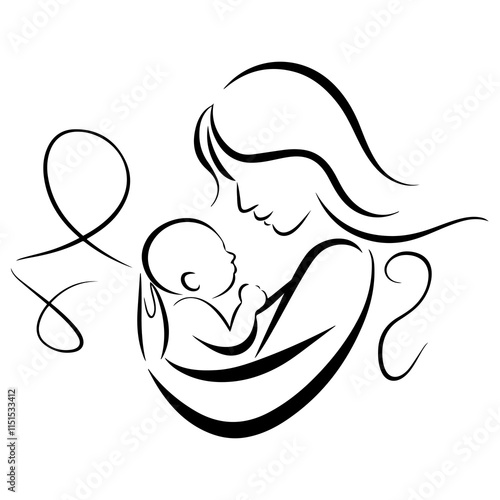 Mom hugs her child line art vector.