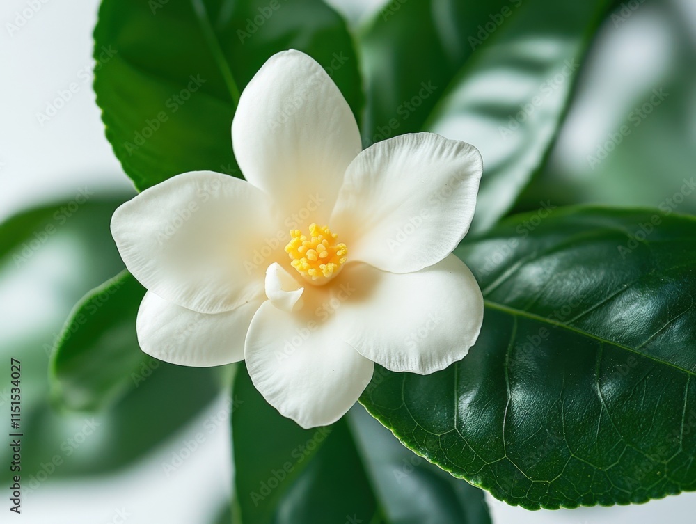 Fototapeta premium a white camellia flower with green leaves