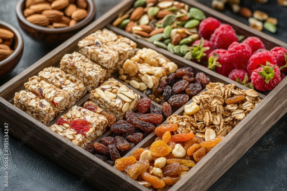 Healthy snack box with granola bars and mixed nuts kitchen table food photography bright setup close-up view nutritious snacks for a balanced lifestyle Healthy snack box with granola bars and mixed nuts kitchen table food photography bright setup close-up view nutritious snacks for a balanced lifestyle