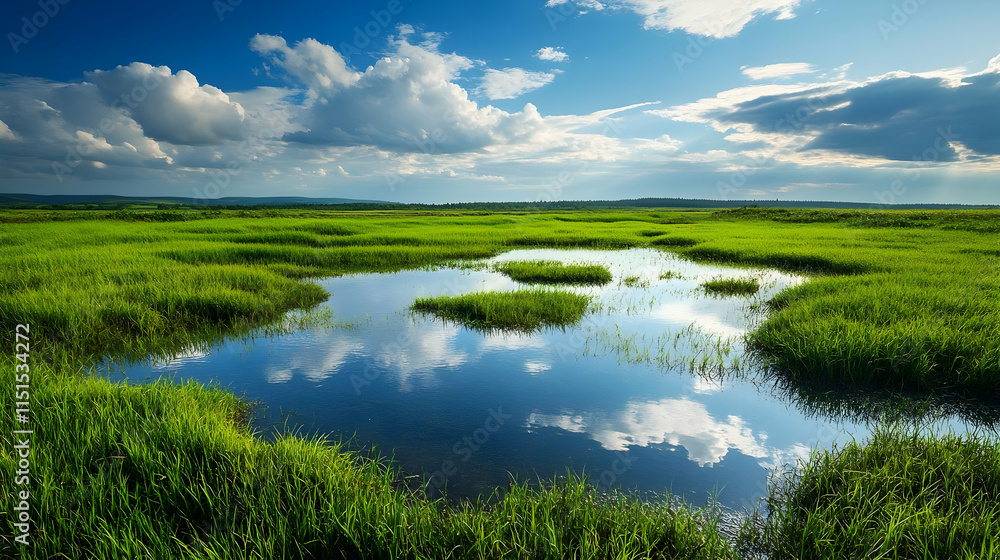Stunning Landscape: Serene Meadow with Cloud Reflections Stunning Landscape: Serene Meadow with Cloud Reflections