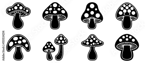 Simple black silhouette icons of mushrooms.