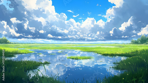 Stunning Landscape: Serene Meadow with Reflections