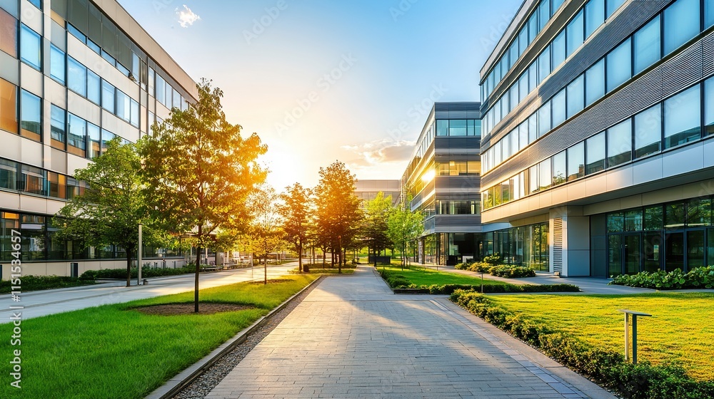 A thriving biotech company campus with modern architecture and green spaces A thriving biotech company campus with modern architecture and green spaces