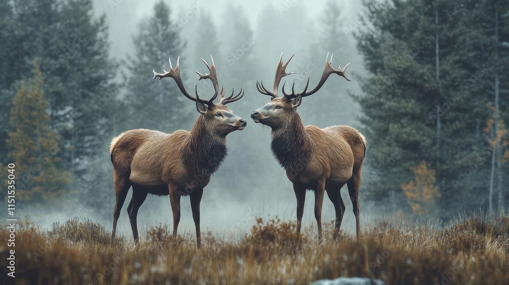 Obraz premium Two majestic elk face each other in a misty forest.