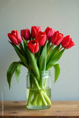 Wallpaper Mural Red tulip bouquet in a glass vase on a wooden table , red, Torontodigital.ca