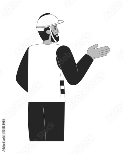 Black male construction worker giving directions black and white 2D line character. Industrial supervisor in safety vest and hardhat isolated vector outline person. Monochromatic spot illustration