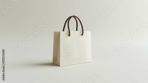 A simple yet elegant white shopping bag with brown handles. Perfect for various retail settings, showcasing a minimalist design.