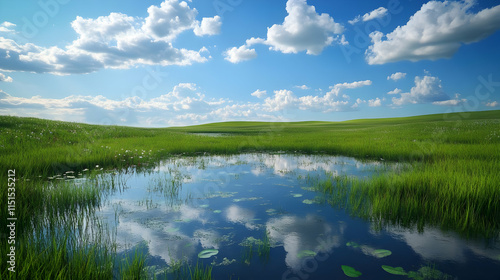 Stunning Landscape: Serene Pond Reflecting Clouds in a Lush Green Field