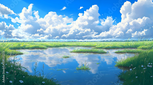 Serene Landscape: A Breathtaking Meadow Under a Summer Sky
