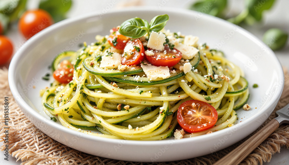 Zucchini noodles with cherry tomatoes and feta cheese on plate Zucchini noodles with cherry tomatoes and feta cheese on plate