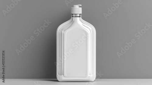 A sleek, empty white plastic bottle stands against a gray backdrop. The design is minimalist, showcasing potential for various product applications. photo