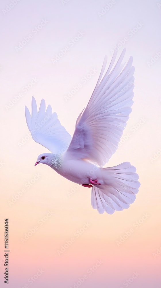 Fototapeta premium White dove in flight against a soft sunset sky.
