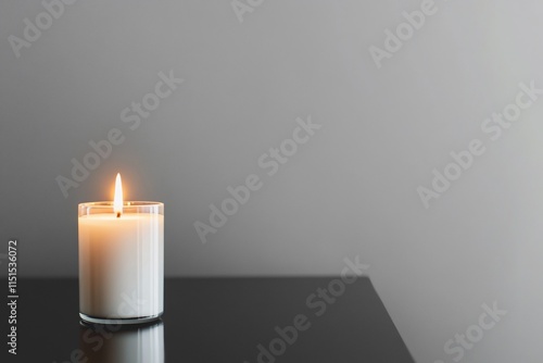 A lit candle on a dark surface against a gray backdrop.