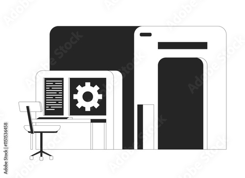 Industrial workstation with digital interface and machinery black and white 2D line object. Factory production technology isolated clip art vector outline item. Monochromatic spot illustration