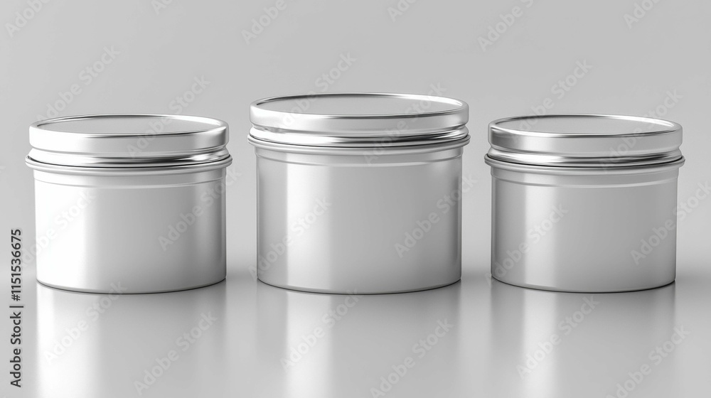 This image shows three metallic jars of varying sizes, all with smooth surfaces and shiny lids, placed on a light gray surface. Ideal for packaging ideas. This image shows three metallic jars of varying sizes, all with smooth surfaces and shiny lids, placed on a light gray surface. Ideal for packaging ideas.