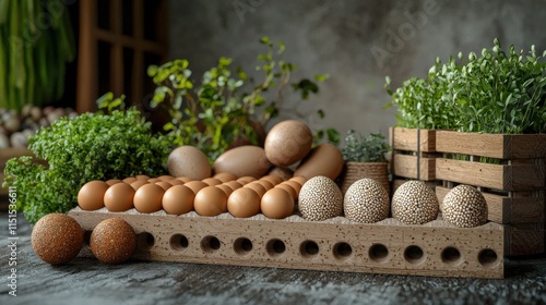 Fresh brown eggs and micro greens arranged on a rustic wooden table, representing natural farm-to-table goodness photo