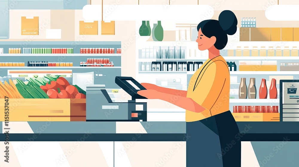 Flat vector style of a cashier scanning groceries at a supermarket checkout. Flat vector style of a cashier scanning groceries at a supermarket checkout.