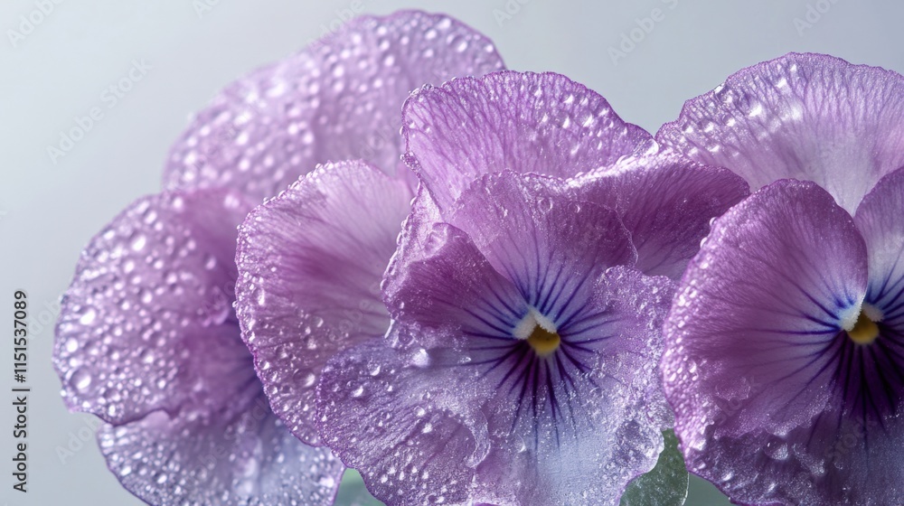 close up of purple pansy flowers covered in water droplets close up of purple pansy flowers covered in water droplets