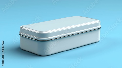 This image showcases a minimalist tin container resting on a soft blue background, highlighting its sleek, modern design. photo