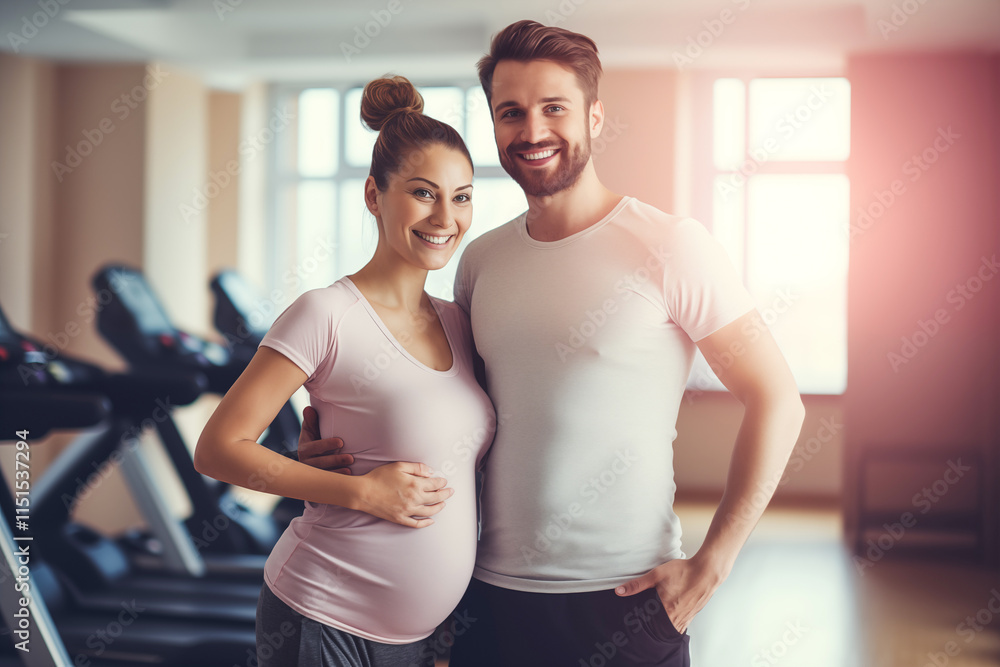 Obraz premium A pregnant woman and her partner engage in fitness exercises together, embracing a healthy and active lifestyle to support the mother's well-being during pregnancy.