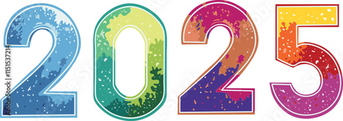 Illustration of Colorful Splash 2025 Number for Happy New Year Celebration Element Vector.
