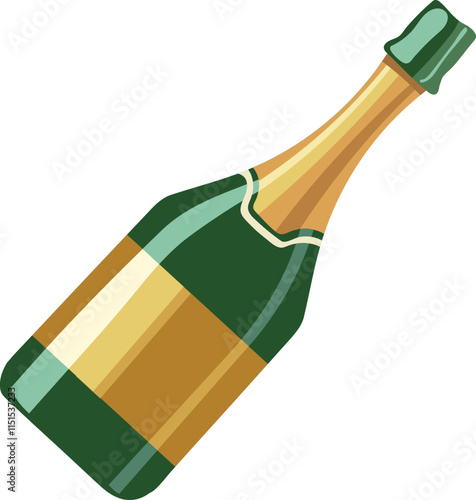 Illustration of Green and Golden Champagne Bottle Flat Icon.