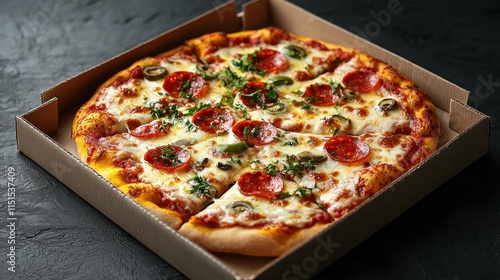 An appetizing pizza with pepperoni and herbs displayed in a classic pizza box. Perfect for takeaway or delivery. Enjoy a slice of delicious flavor!