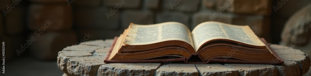 Obraz premium Vintage books and scrolls on an ancient stone pedestal, vintage, ancient artifacts