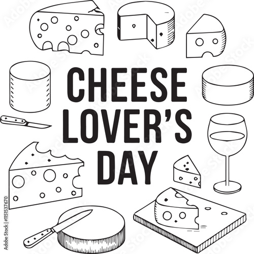 Cheese lover's day background colouring page line art vector on a white background