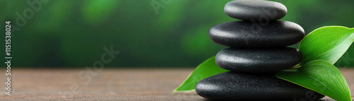 Relaxation self-care wellness. Stacked black stones with green leaves on wooden surface. photo