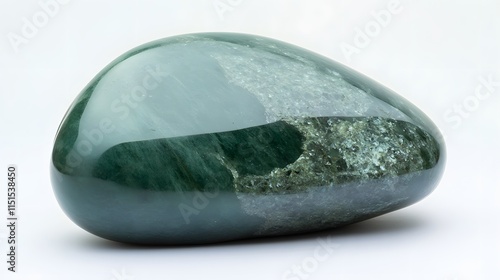 A perfect, polished jade stone with deep green hues and smooth, polished edges, set against a white backdrop