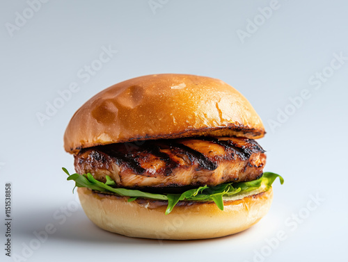 Delicious Jerk Chicken Burger Showcased Against a Crisp White Background for an Irresistibly Tempting Visual Appeal. photo