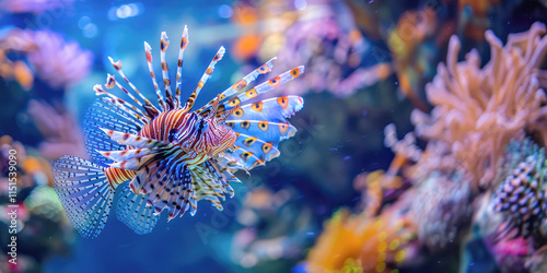 A colorful lionfish swimming gracefully through a tropical reef, surrounded by vibrant coral