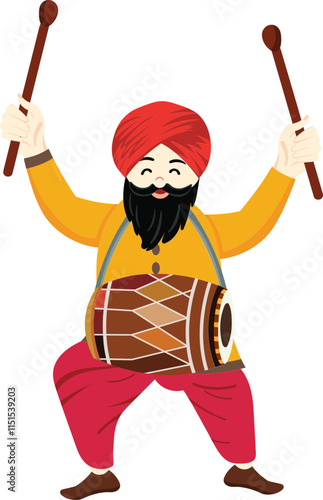 Cartoon Punjabi Man Character Playing Dhol for Lohri Celebration Vector.