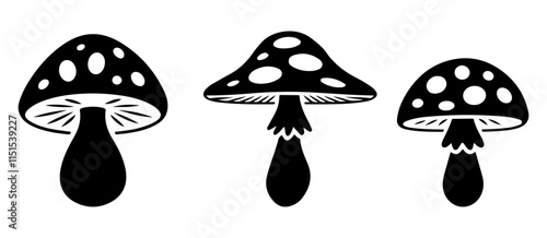 Simple black silhouette icons of mushrooms.