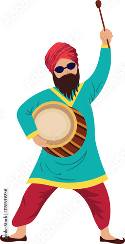  Cartoon Punjabi Man Character Playing Drum for Lohri Celebration Vector.