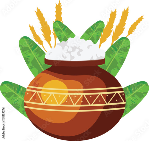 Illustration of Traditional Clay Pot of Rice Dish, Banana Leaves and Wheat Ear for Pongal Festival Elements.