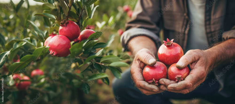 A farmer's hand gently picking ripe pomegranates in the autumn harvest.