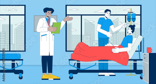 Doctor and nurse checking on patient on hospital bed flat illustration. Murse in scrubs adjusting IV drip 2D characters cartoon background. Ward round medical facility scene vector storytelling image