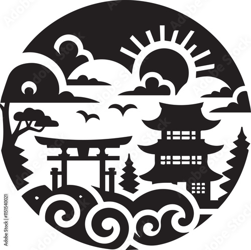 Abstract symbol logo icon design of traditional Japanese art as a silhouette depiction of a traditional ethnic company mascot emblem