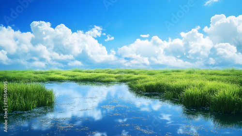 Stunning Landscape: Serene Green Field, Blue Water Reflection, and Fluffy White Clouds