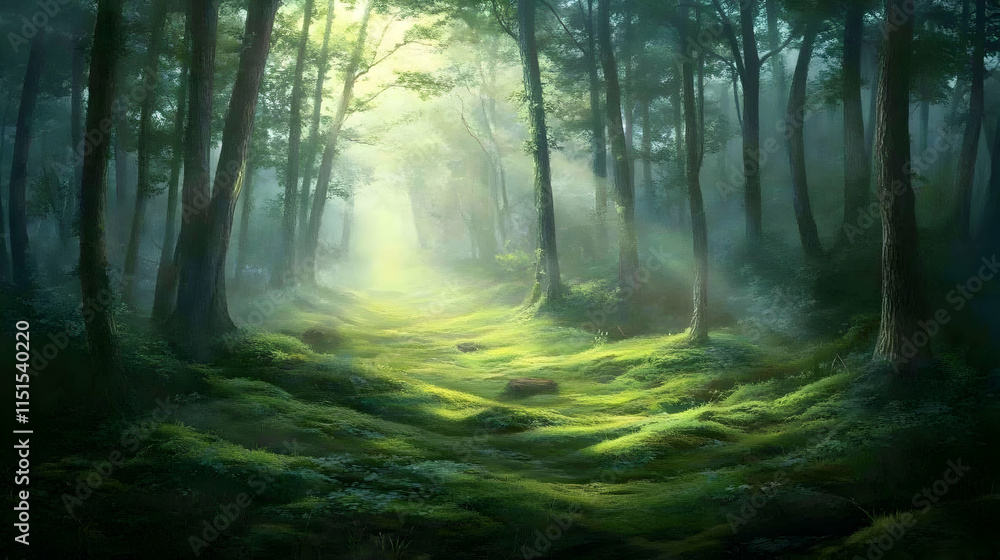 Fototapeta premium Sunlit Path in a Misty Forest: A Magical Landscape