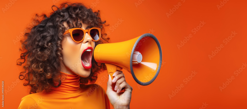 A young woman uses a megaphone to communicate a loud and clear message about an exciting sale, capturing the attention