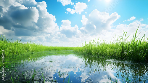 Stunning Landscape: Serene Green Field Reflecting Blue Sky