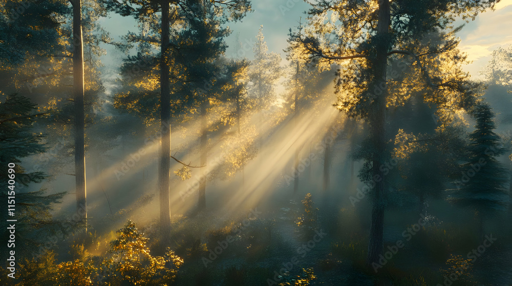 Fototapeta premium Sun Rays Piercing Through Misty Forest: A Serene Landscape