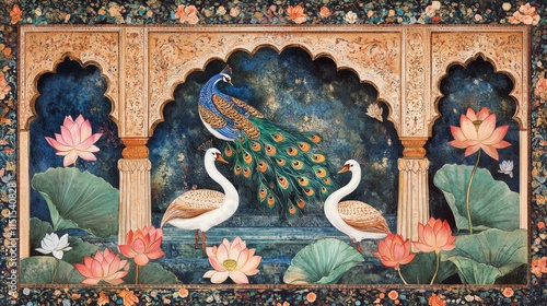 76.A beautifully illustrated Indian Mughal garden scene featuring intricate details of peacocks and swans amidst lush lotus flowers, framed by a grand arch with elaborate floral patterns, designed photo