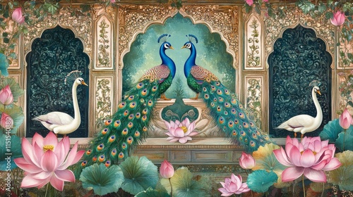 76.A beautifully illustrated Indian Mughal garden scene featuring intricate details of peacocks and swans amidst lush lotus flowers, framed by a grand arch with elaborate floral patterns, designed
