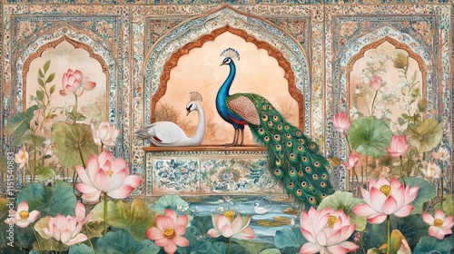 76.A beautifully illustrated Indian Mughal garden scene featuring intricate details of peacocks and swans amidst lush lotus flowers, framed by a grand arch with elaborate floral patterns, designed photo