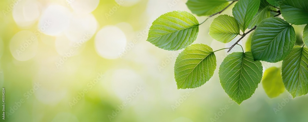 Fototapeta premium Blurred bokeh idea. Fresh green leaves with sunlight creating a tranquil nature background.