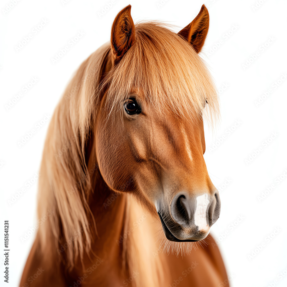 Obraz premium Close-up portrait of a majestic horse with a flowing mane, showcasing its beauty against a white background.